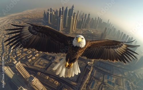Wallpaper Mural Majestic eagle soaring above a futuristic city, drone perspective capturing its effortless flight, vivid colors Torontodigital.ca