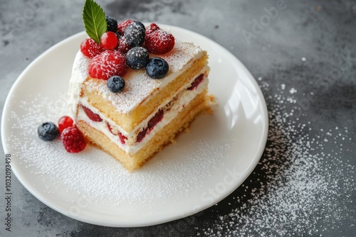 A piece of cake on a white plate, perfect for photography, food blogging or social media