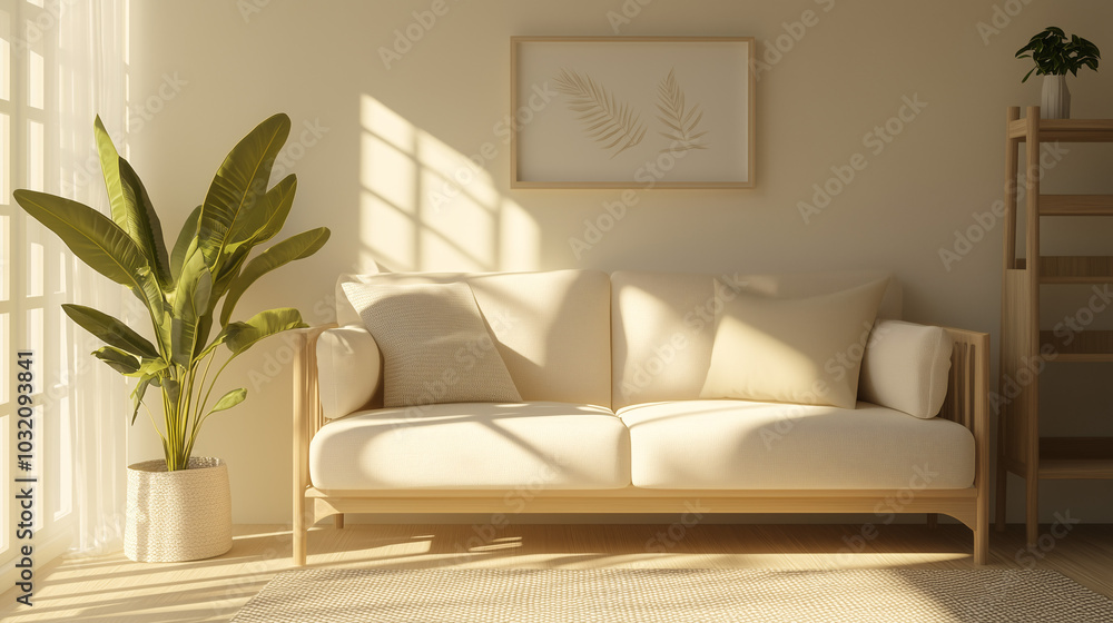 Bright, airy minimalist living room with neutral tones, light wood furniture, and simple decor elements like a single potted plant Bright, airy minimalist living room with neutral tones, light wood furniture, and simple decor elements like a single potted plant