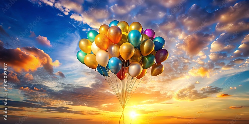 A cluster of vibrant balloons ascends into a breathtaking sunset sky, painting the clouds with hues of gold, orange, and pink. A cluster of vibrant balloons ascends into a breathtaking sunset sky, painting the clouds with hues of gold, orange, and pink.