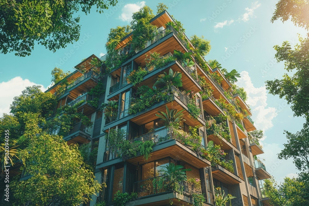Modern Apartment Building with Lush Greenery on Balconies Modern Apartment Building with Lush Greenery on Balconies