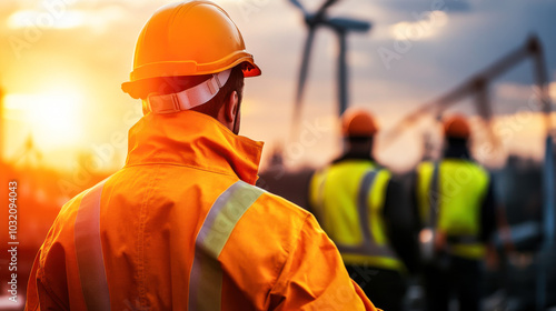 technician in safety jacket and helmet observes wind turbines at sunset, showcasing importance of renewable energy and safety in workplace