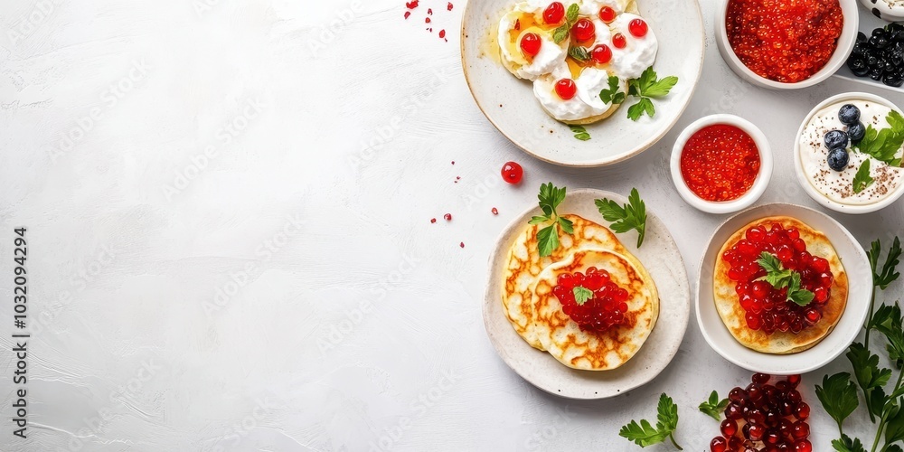 Delicious pancakes topped with bright berries and cream, served on a white background, perfect for breakfast or dessert. Delicious pancakes topped with bright berries and cream, served on a white background, perfect for breakfast or dessert.