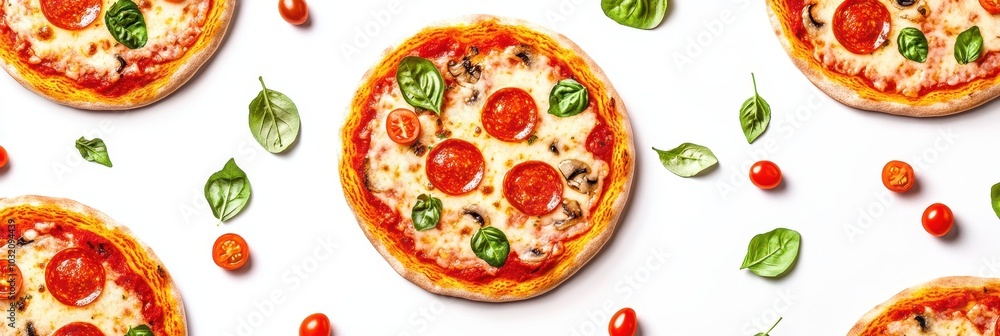 Delicious pepperoni pizza with fresh basil and cherry tomatoes, perfect for any meal or celebration. Ideal for food photography. Delicious pepperoni pizza with fresh basil and cherry tomatoes, perfect for any meal or celebration. Ideal for food photography.