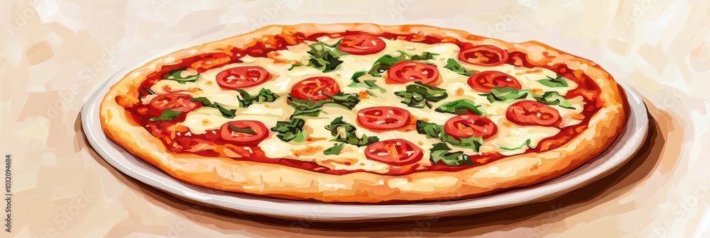 Delicious pizza topped with fresh tomatoes and basil on a golden crust, perfect for any meal or gathering. Delicious pizza topped with fresh tomatoes and basil on a golden crust, perfect for any meal or gathering.