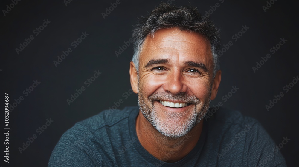 Obraz premium A man with graying hair and a beard smiles broadly at the camera.