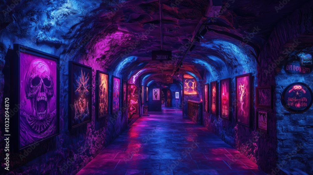 Fototapeta premium Neon-lit underground art tunnel with vibrant gothic paintings and dramatic lighting