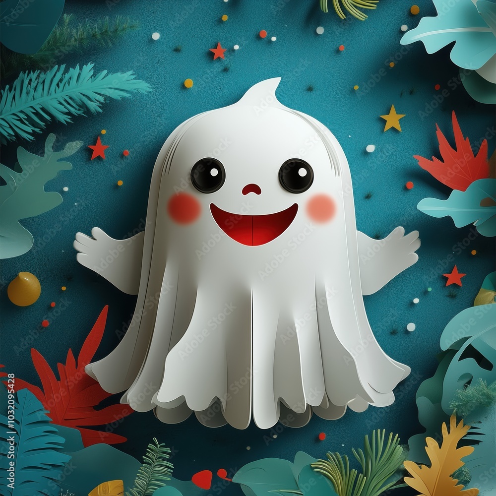Obraz premium Cute cartoon ghost surrounded by colorful leaves and stars on teal background