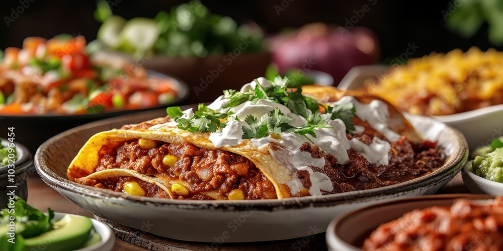 Delicious taco filled with seasoned meat, topped with fresh herbs and creamy sauce, perfect for a festive meal. Delicious taco filled with seasoned meat, topped with fresh herbs and creamy sauce, perfect for a festive meal.