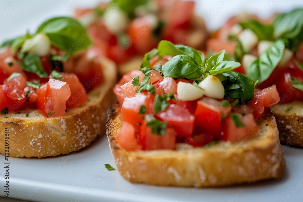 A close-up of bruschetta topped with diced tomatoes, basil, and garlic on toasted bread. A close-up of bruschetta topped with diced tomatoes, basil, and garlic on toasted bread.