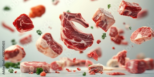 Dynamic composition of fresh meat cuts gracefully suspended in mid-air, showcasing texture and color variations for culinary inspiration. photo