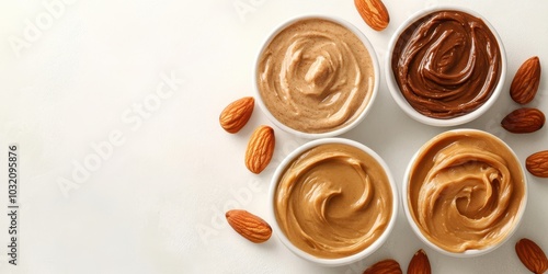 Four bowls of creamy nut butter surrounded by almonds, ideal for healthy snacks and cooking inspiration.