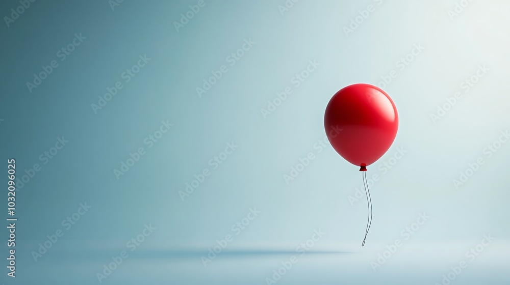 A single red balloon floating in front of a light blue wall. A single red balloon floating in front of a light blue wall.