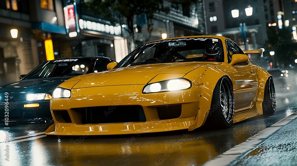 Yellow Sports Car on Wet Street at Night Yellow Sports Car on Wet Street at Night