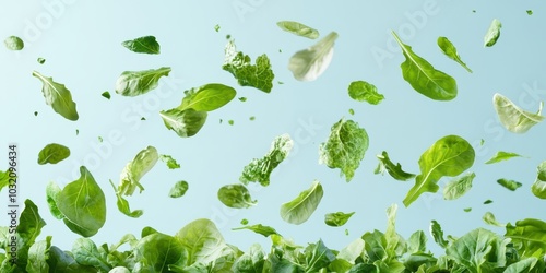 Fresh green lettuce leaves elegantly floating in the air, perfect for healthy food concepts and vegetarian lifestyle imagery.