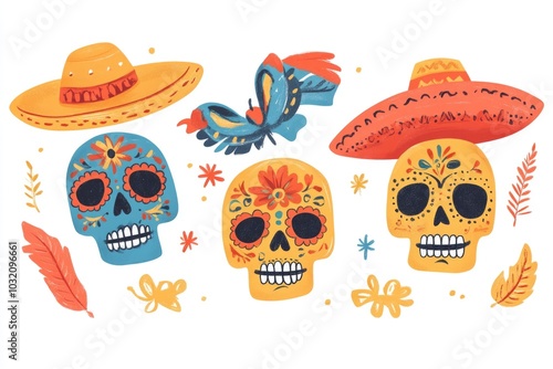 A colorful arrangement of sugar skulls adorned with hats, feathers, and other decorations photo