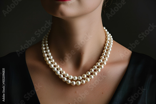 A woman wearing three white pearl necklaces on her chest, against a black background, with a close-up of the necklace and pearls, Generative AI