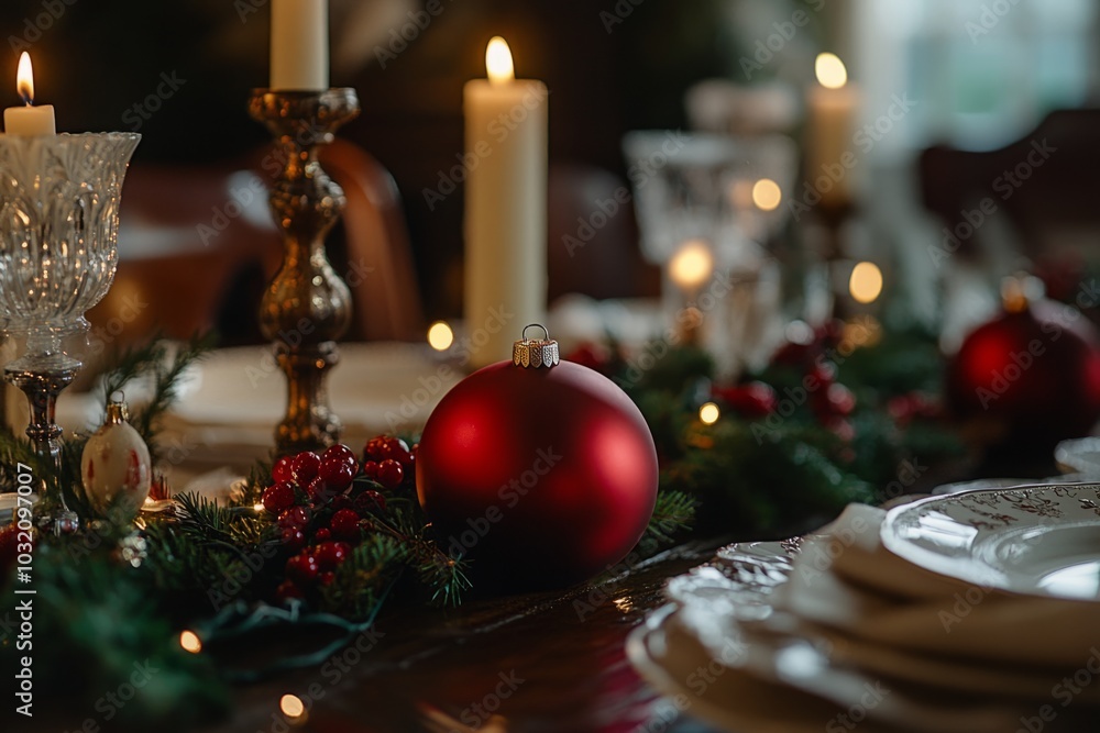 A beautifully decorated Christmas table setting. Candles glow softly. Red ornaments add charm. Perfect for festive gatherings and holiday celebrations. Generative AI A beautifully decorated Christmas table setting. Candles glow softly. Red ornaments add charm. Perfect for festive gatherings and holiday celebrations. Generative AI