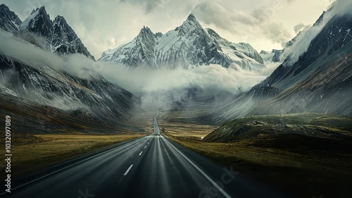 Wallpaper Mural Mountain road leading to misty peaks of winter landscape, dramatic travel adventure concept. Torontodigital.ca