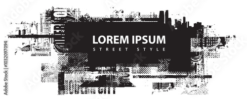 Abstract frame background with chaotic layering of newspaper text, illustrations modern city, headlines and place for an inscription on black background. Creative vector background in grunge style