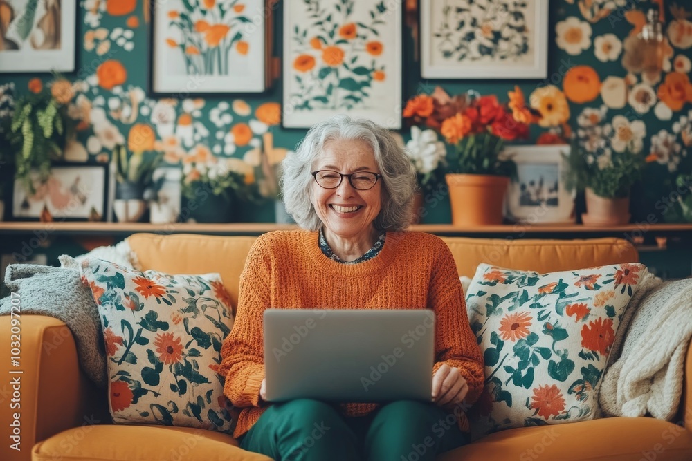 Cheerful senior woman sitting on her home sofa, radiating joy as she engages with laptop, living room interior, Generative AI Cheerful senior woman sitting on her home sofa, radiating joy as she engages with laptop, living room interior, Generative AI