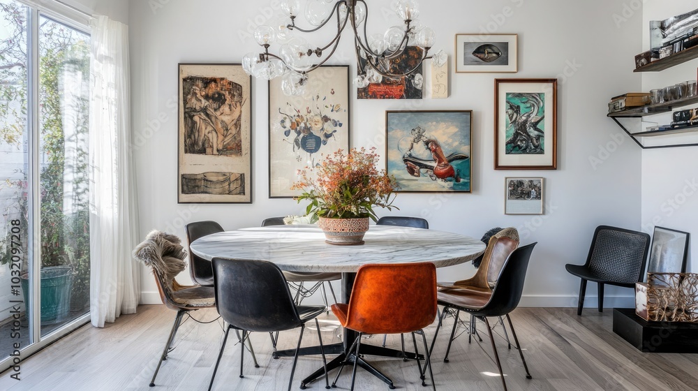 A stylish dining space featuring a round table with a mix of vintage and modern chairs A stylish dining space featuring a round table with a mix of vintage and modern chairs
