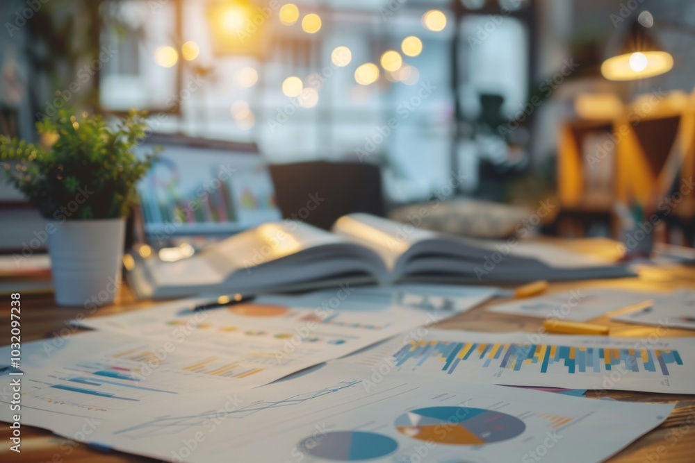 Collection of business analytics charts and graphs stacked on each other on paper on desk in office Collection of business analytics charts and graphs stacked on each other on paper on desk in office