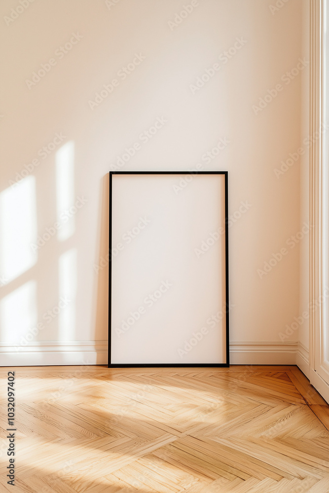 Large poster mockup ready black frame in a room with wooden classic floor Large poster mockup ready black frame in a room with wooden classic floor