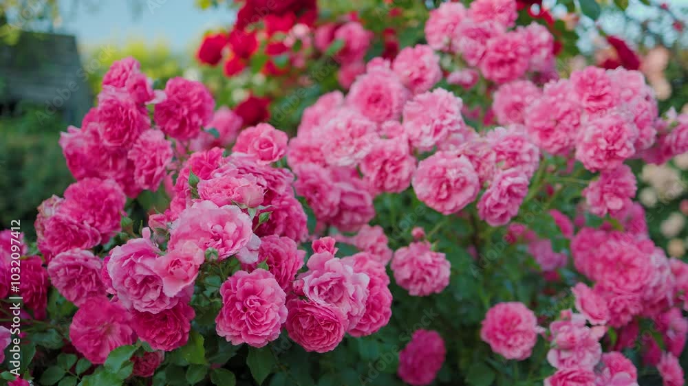 Beautiful pink roses on a background of green leaves. In this enchanting video, you'll be captivated by the mesmerizing beauty of delicate pink roses in full bloom. Beautiful pink roses on a background of green leaves. In this enchanting video, you'll be captivated by the mesmerizing beauty of delicate pink roses in full bloom.