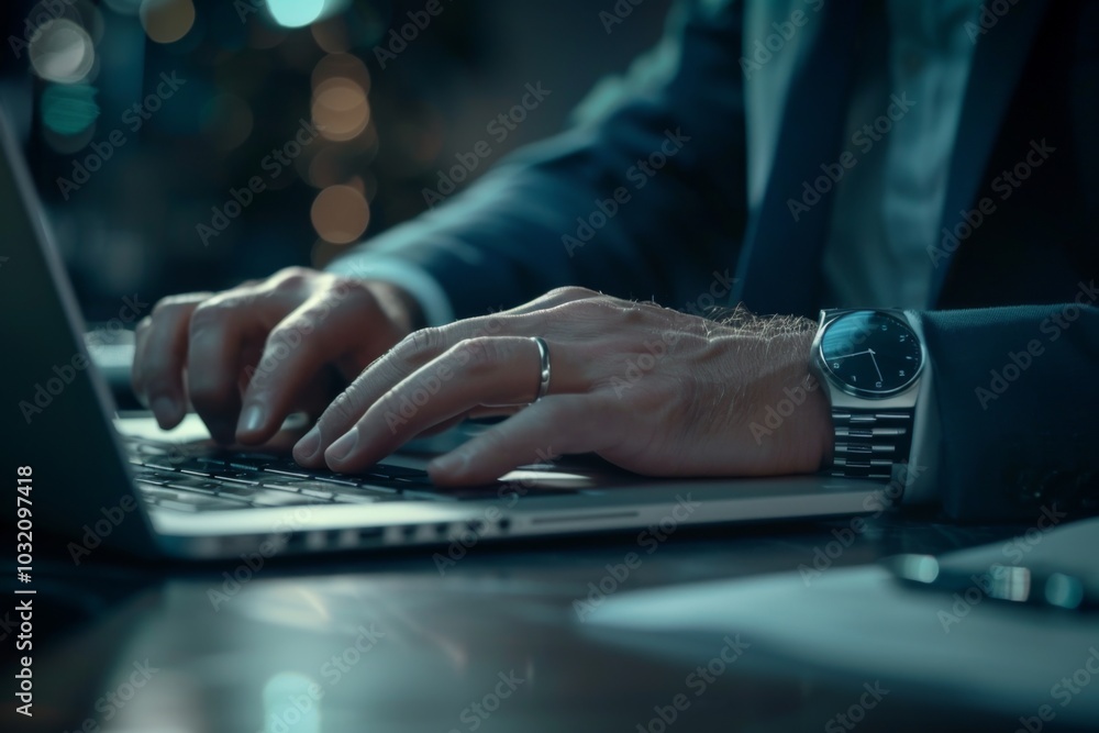 Cropped hands of a businessman working on laptop in office Cropped hands of a businessman working on laptop in office