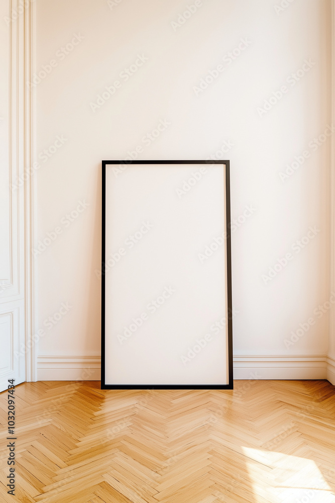 Large poster mockup ready black frame in a room with wooden classic floor Large poster mockup ready black frame in a room with wooden classic floor