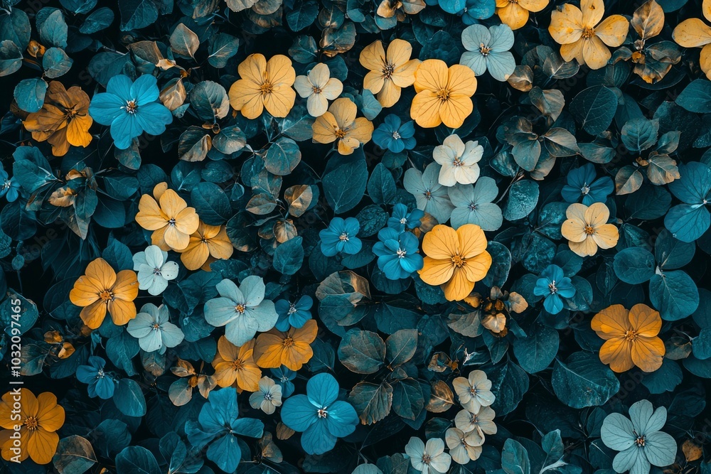 Close-up of Blue and Yellow Flowers Among Lush Green Foliage Close-up of Blue and Yellow Flowers Among Lush Green Foliage