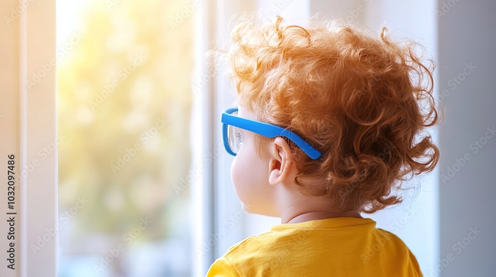 Young child wearing blue glasses focusing on distant tree outside window, symbolizing myopia prevention and importance of outdoor activities. Young child wearing blue glasses focusing on distant tree outside window, symbolizing myopia prevention and importance of outdoor activities.