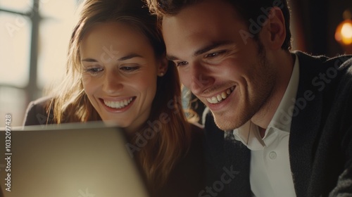 Couple's Joyous Moment Shared on Laptop photo