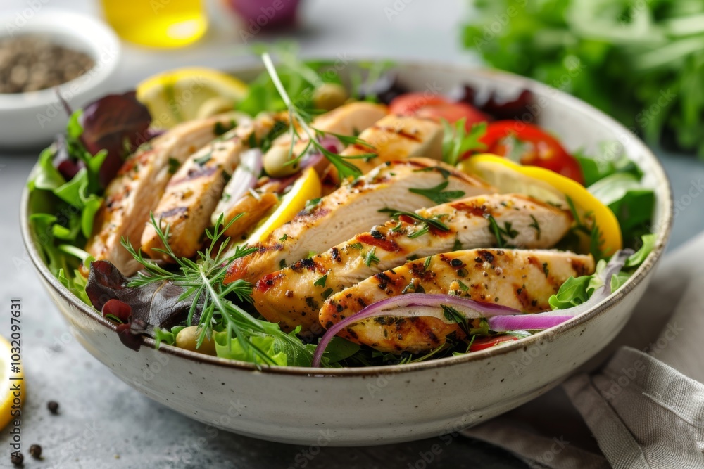Grilled Lemon Herb Chicken Salad in a bowl on table Grilled Lemon Herb Chicken Salad in a bowl on table