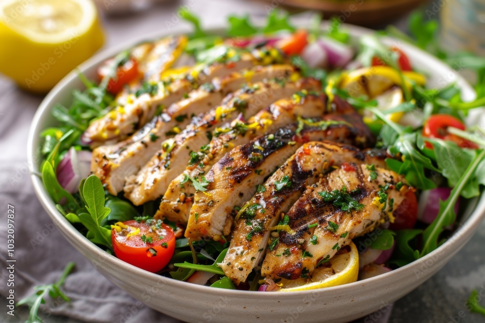 Grilled Lemon Herb Chicken Salad in a bowl on table Grilled Lemon Herb Chicken Salad in a bowl on table