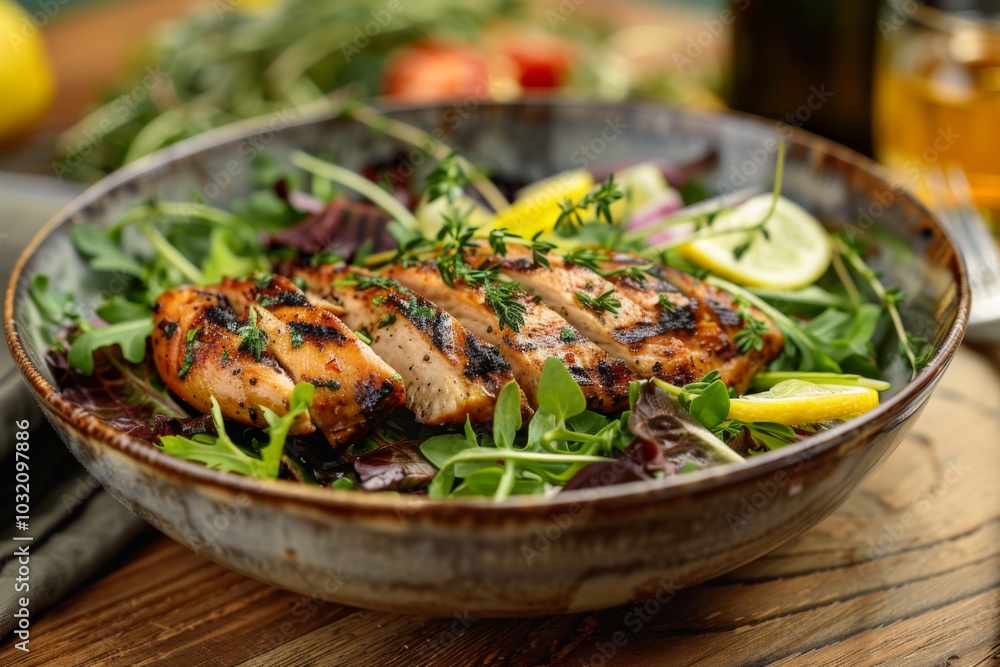 Grilled Lemon Herb Chicken Salad in a bowl on table Grilled Lemon Herb Chicken Salad in a bowl on table