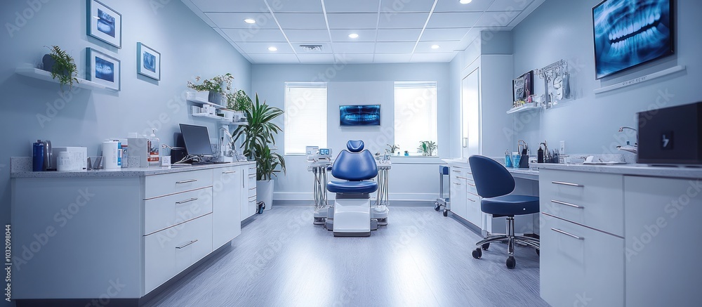 A modern, clean, and well-lit dentist's office with a dental chair and equipment. A modern, clean, and well-lit dentist's office with a dental chair and equipment.