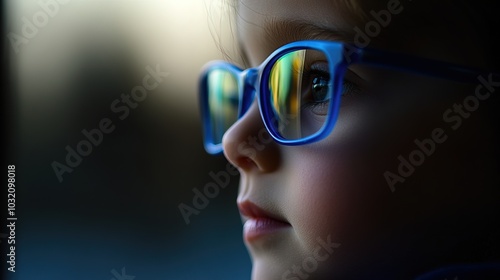 Young child wearing blue glasses focusing on distant tree outside window, symbolizing myopia prevention and importance of outdoor activities.