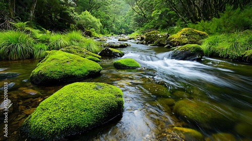Moss Covered Rocks In Flowing Stream  Green Forest  Nature  Tranquility  Serenity  Relaxation  Peace  Natural Beauty