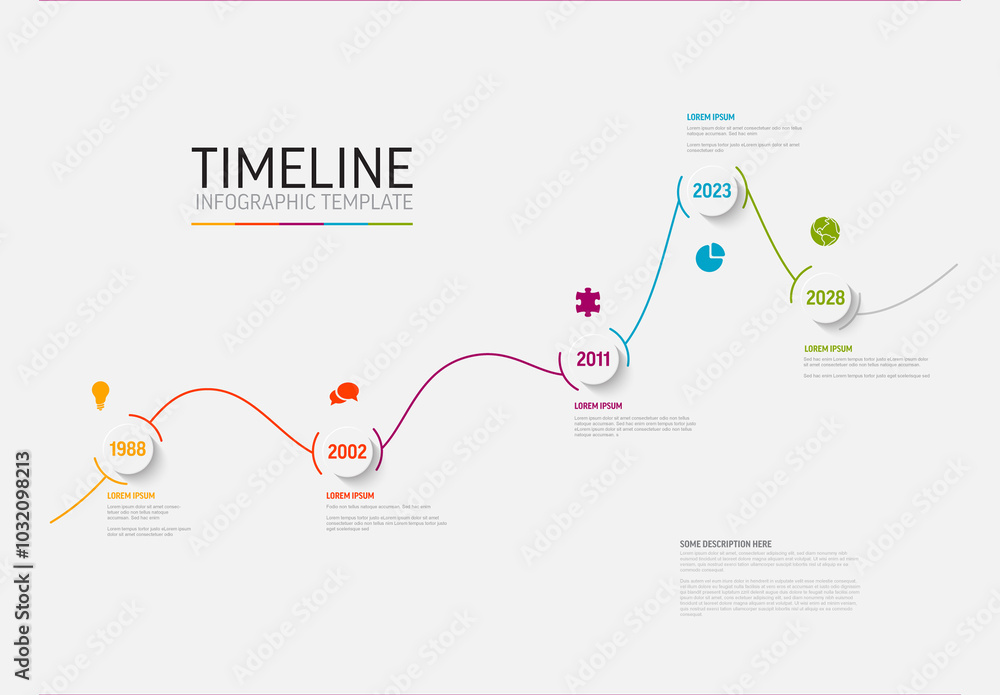 Multipurpose timeline infographic template with five milestones on the path graph