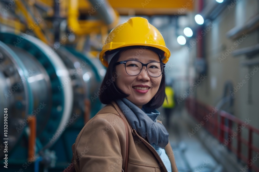 Portrait of a smiling middle aged Asian female engineer at hydroelectric plant Portrait of a smiling middle aged Asian female engineer at hydroelectric plant