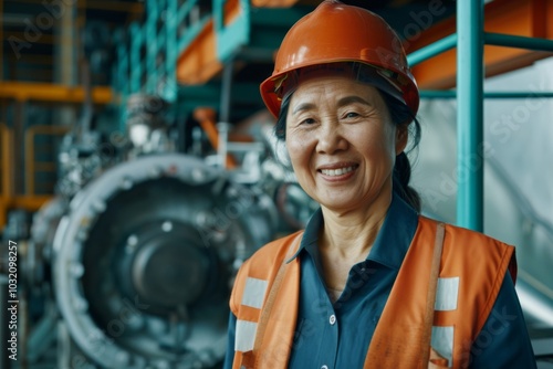 Portrait of a smiling middle aged Asian female engineer at hydroelectric plant