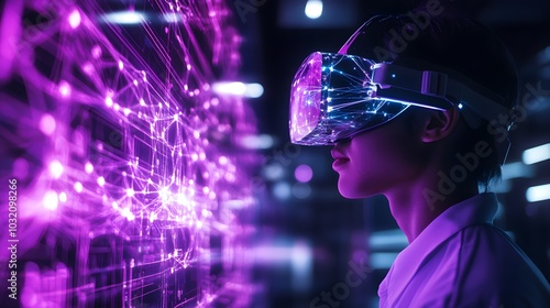 A woman wearing a virtual reality headset is looking at a computer screen with a purple background. Concept of futuristic technology and immersion, as the woman is in a virtual world