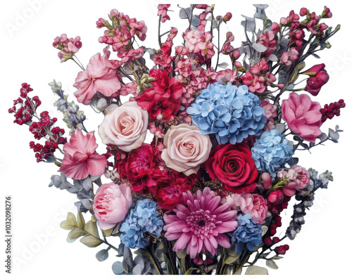 A vibrant arrangement of pink red and blue flowers
