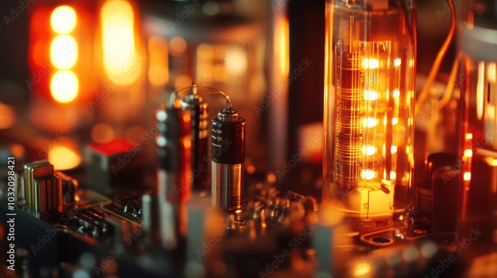 Closeup of glowing vacuum tubes on a circuit board Closeup of glowing vacuum tubes on a circuit board