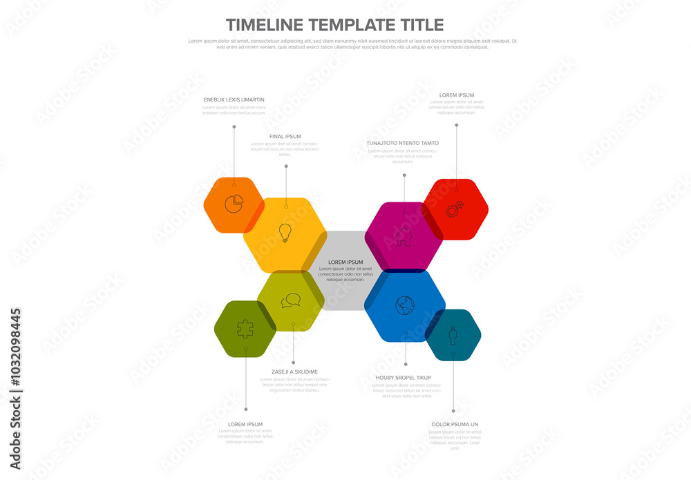 Eight hexagon elements in rainbow infographic template around center item