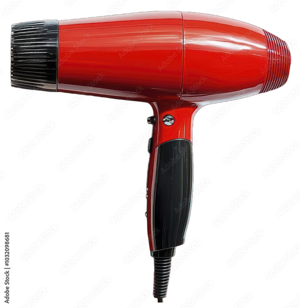 A shiny red hairdryer with a black handle A shiny red hairdryer with a black handle