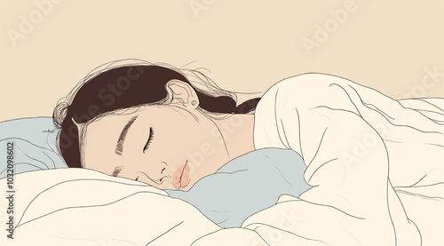 vector drawing girl sleeping hand under pillow .Generative AI