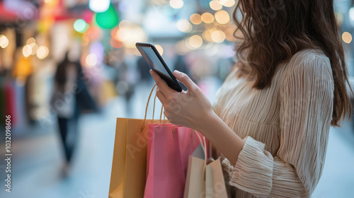 Shopping enthusiast checking mobile phone while holding colorful shopping bags in vibrant market. atmosphere is lively and filled with soft bokeh lights, creating cheerful mood